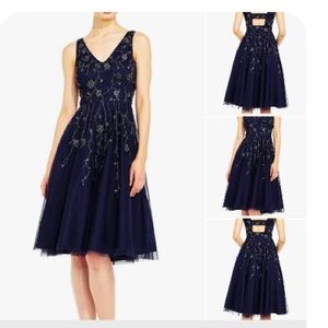 Adrianna Papell tea length beaded navy dress